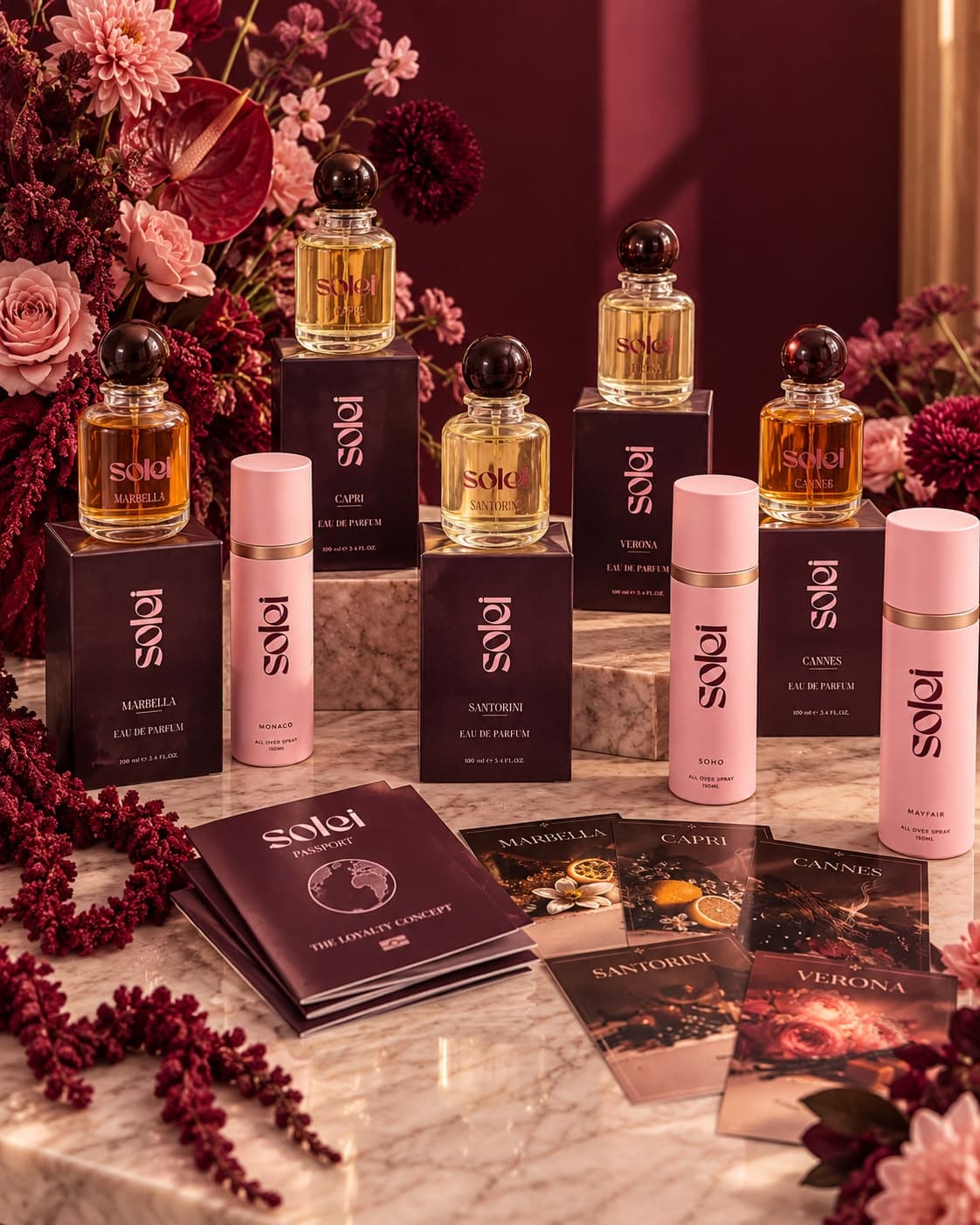 The Solei collection — perfumes, all-over sprays, the passport and its destination cards
