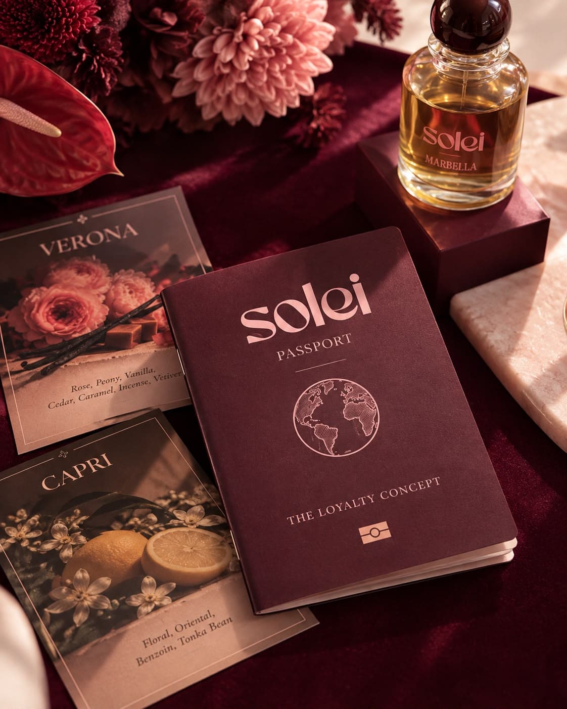 The Solei passport with Verona and Capri destination cards and a Solei perfume